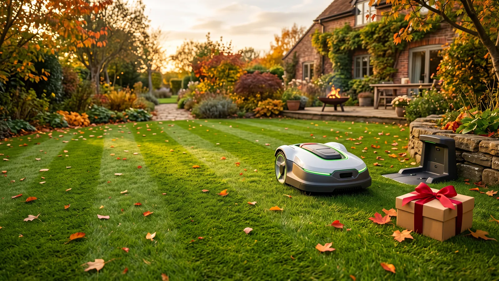A robot mower on a striped autumn lawn with a gift box and red ribbon beside its dock