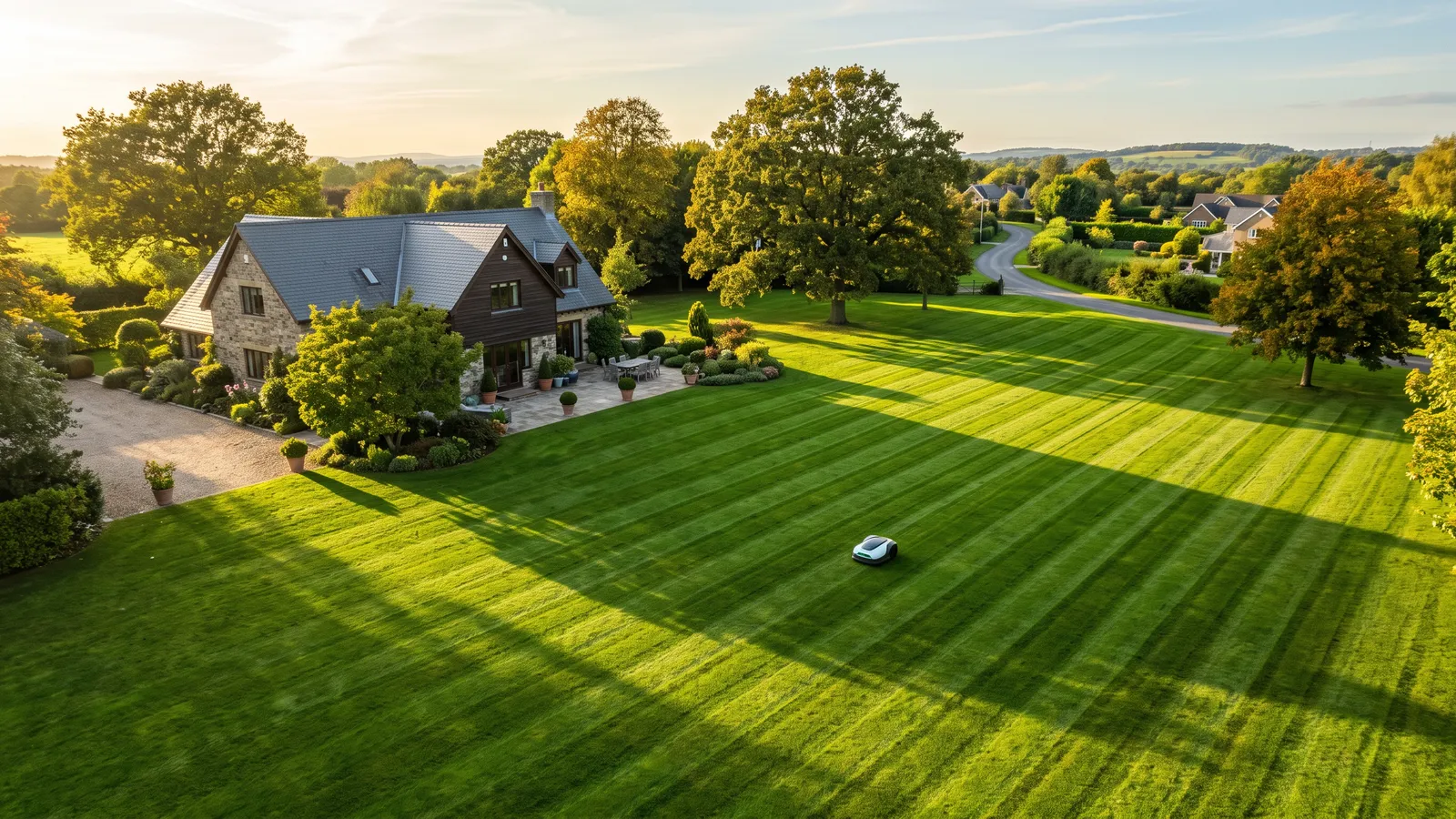 A robot mower small in the frame on a vast striped lawn