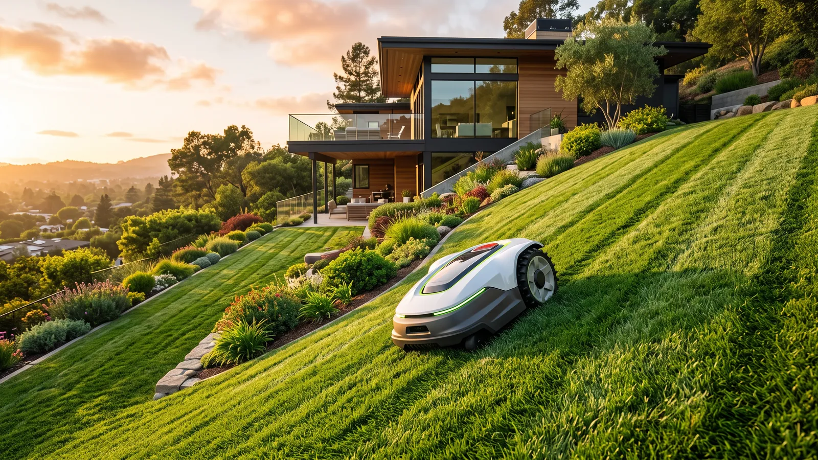 A robot mower climbing a steep hillside lawn