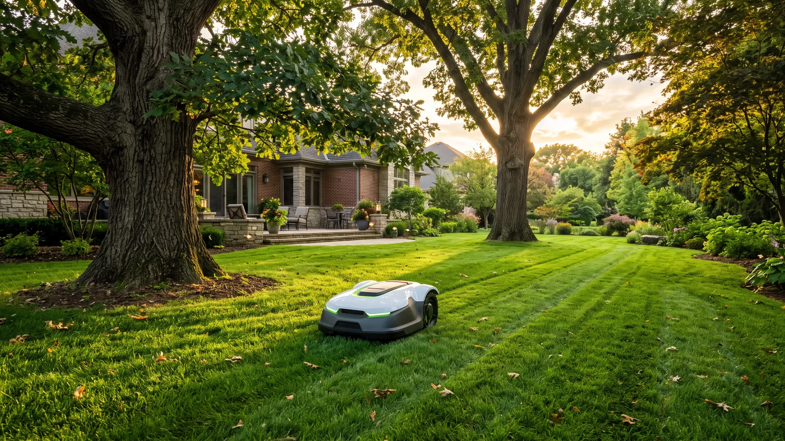 A robot mower mowing under large mature trees