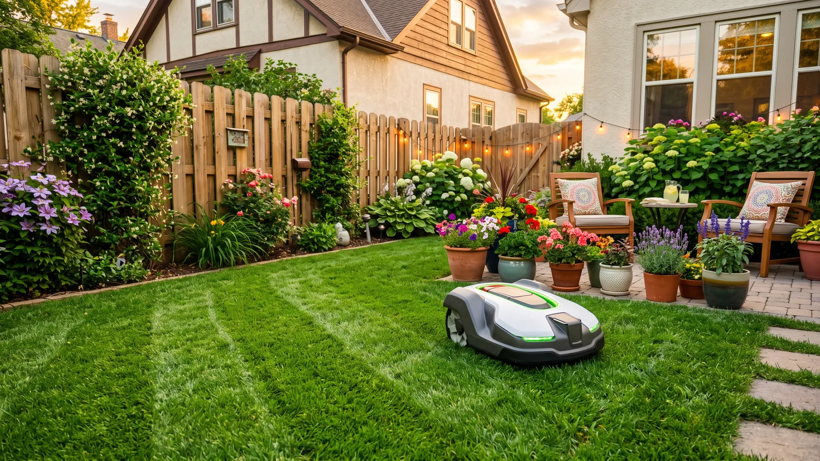 A compact robot mower on a small backyard lawn by a patio