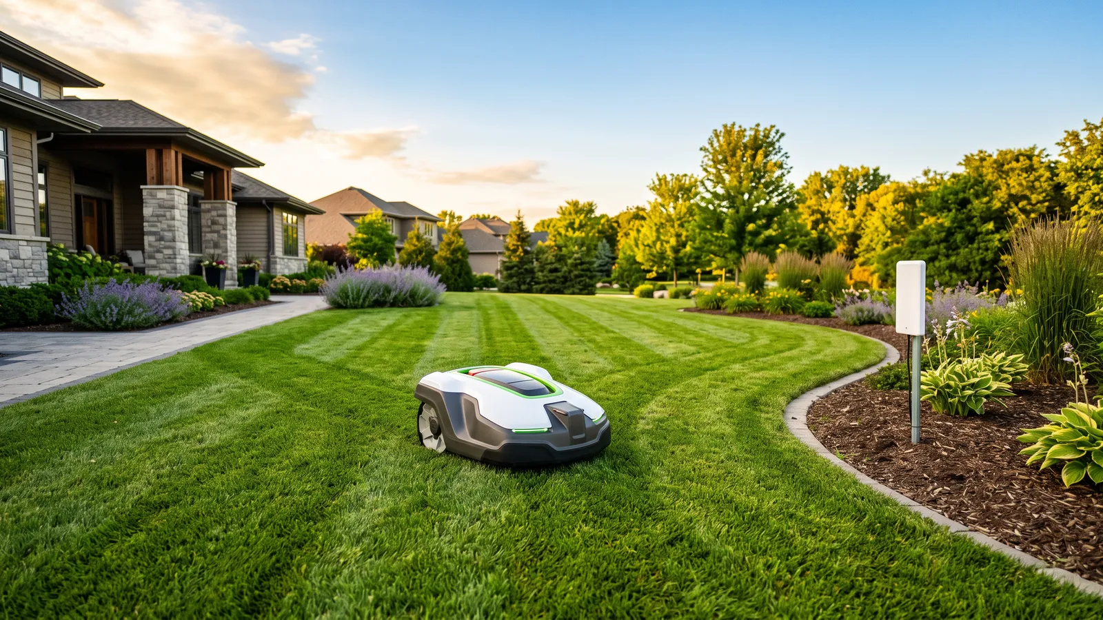 A robot mower on an open lawn with a navigation antenna at the edge