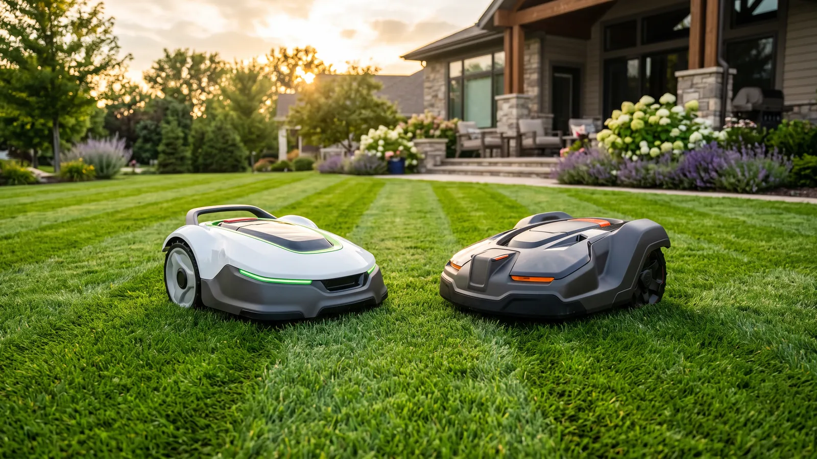 Two robot mowers side by side on a striped lawn