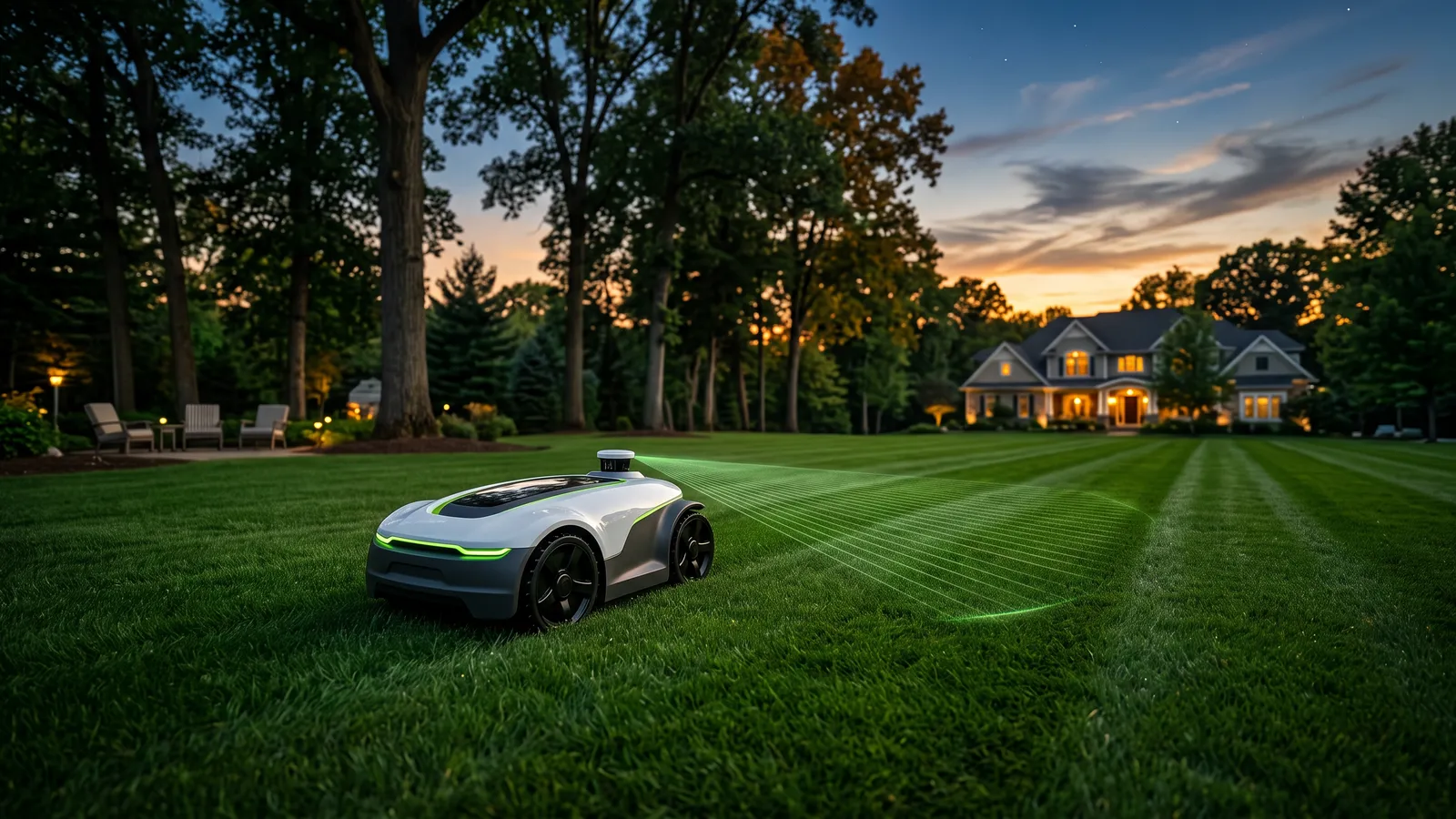 A robot mower at dusk with a laser scan pattern fanning out