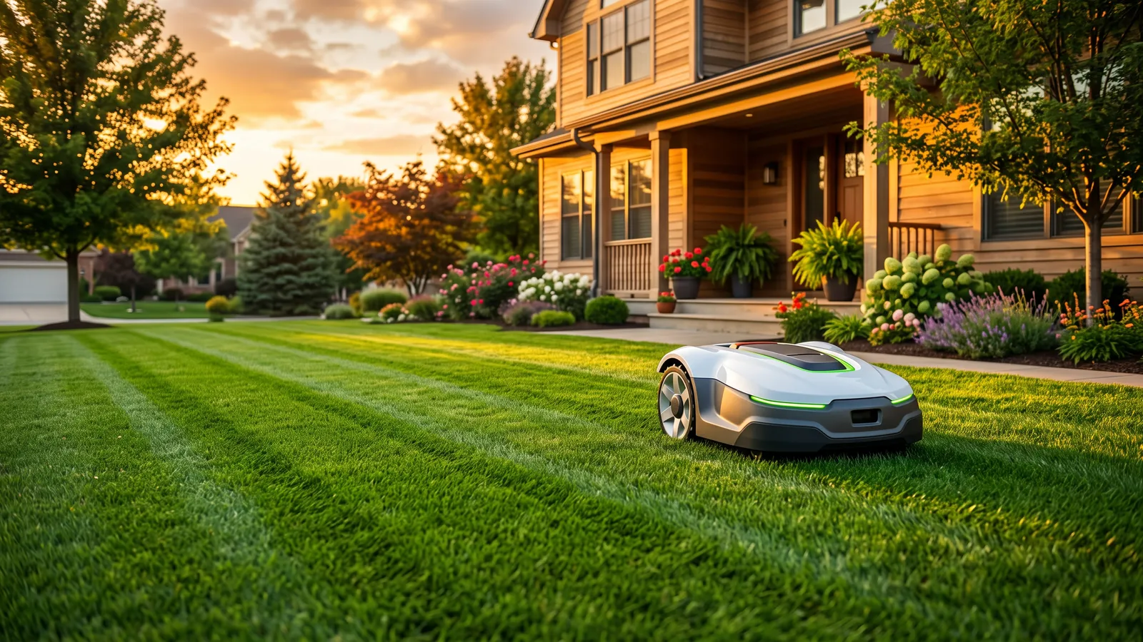 A robot lawn mower crossing a striped front lawn at sunset