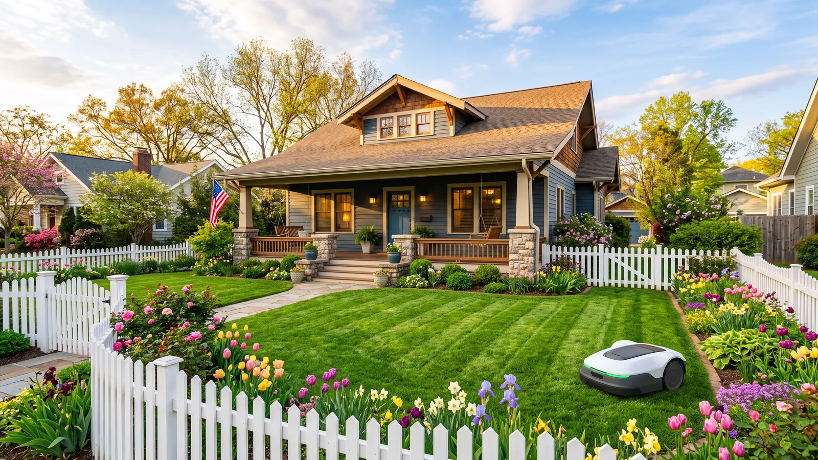 A craftsman house with a striped front lawn and spring flowers