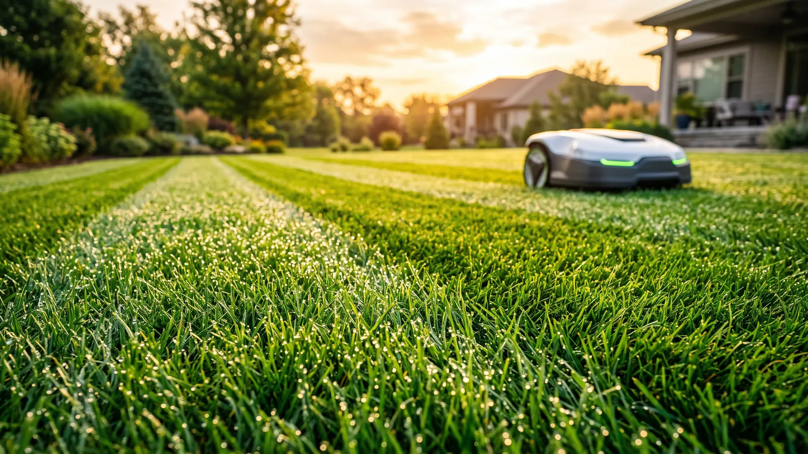Fresh mowing stripes on a dewy lawn at sunrise