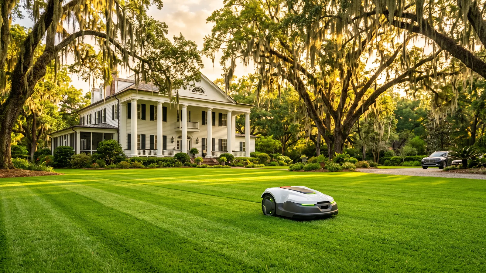 A wide lawn under sprawling live oak trees
