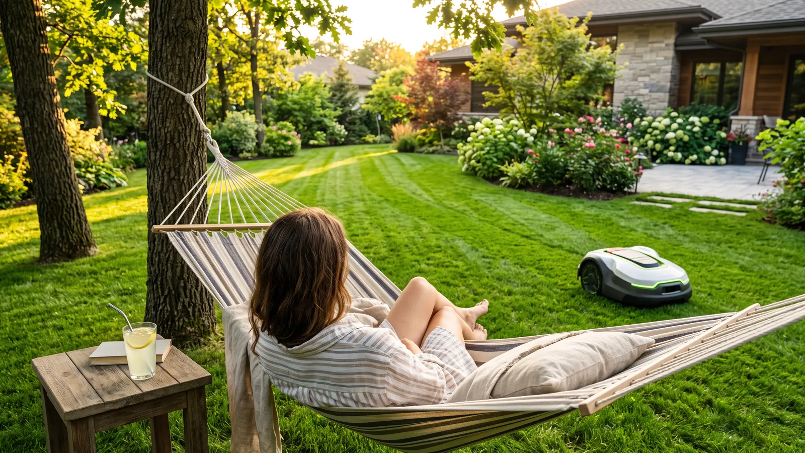 Someone relaxing in a hammock while a robot mower mows the lawn